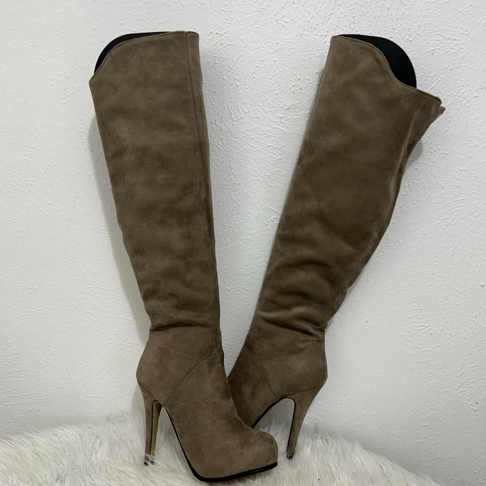 Luichiny Taupe Imi Suede Boots Over The Knee Stiletto Thigh High Rise Size 5.5M - Picture 2 of 11